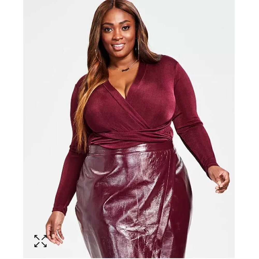 Nina Parker Wine Trendy Crossover Long Sleeve Thong Bodysuit - Picture 2 of 5